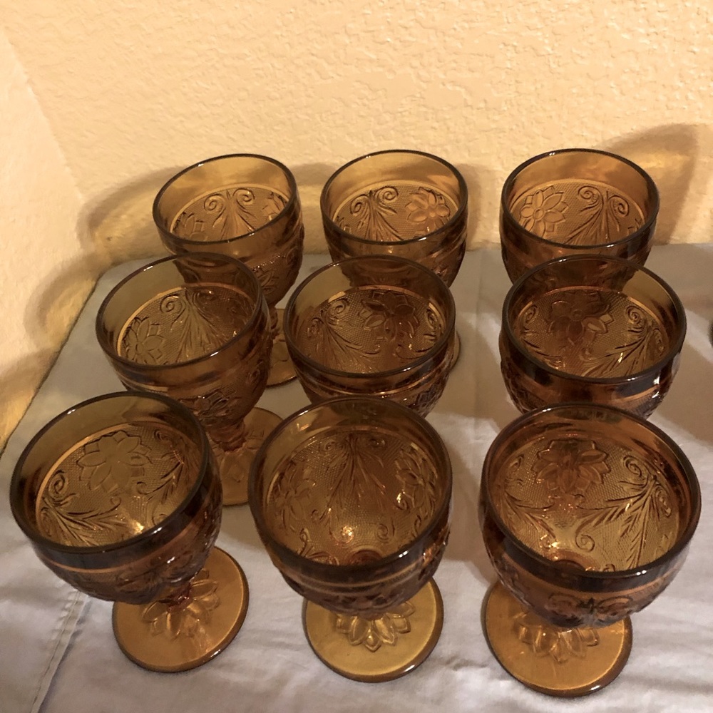 1970’s Vintage Amber Tiara Glass Sandwich Pattern wine goblett glasses 8oz
